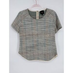 W5 Textured Knit Top Short Sleeve Plaid Neutral Colors Casual Sz‎ M